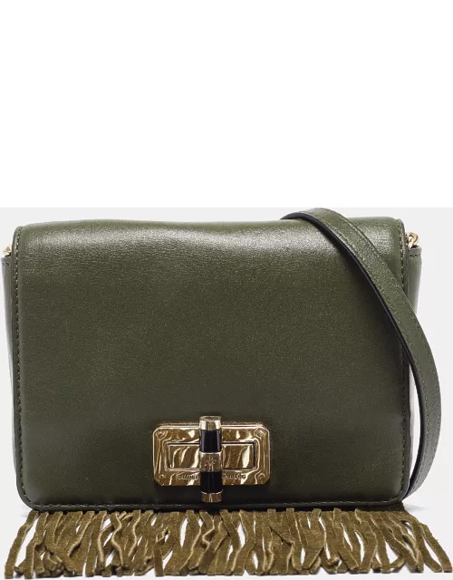 Diane Von Furstenberg Green Leather Fringe Flap Crossbody Bag