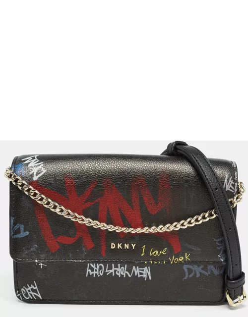 DKNY Black Leather Graffiti Print Flap Crossbody Bag