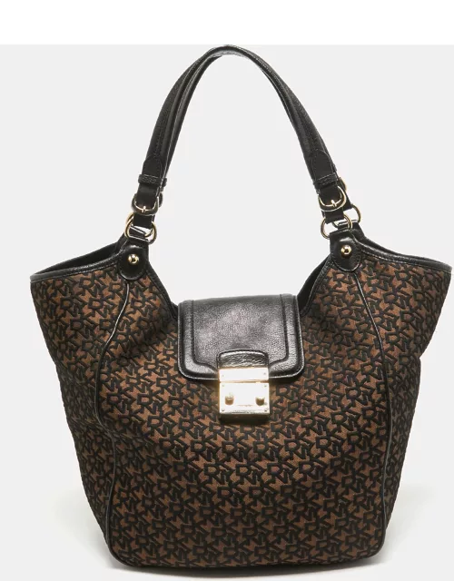 DKNY Black/Brown Monogram Jacquard Fabric and Leather Tote