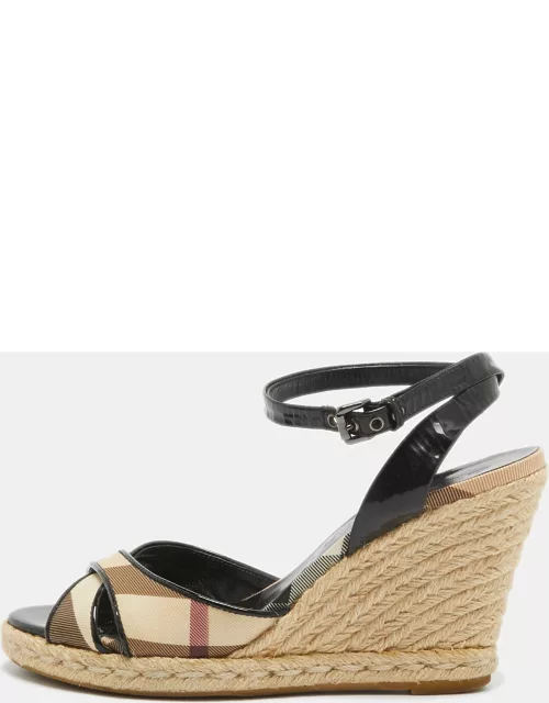 Burberry Black Patent Leather And Novacheck Canvas Espadrille Wedge Sandal