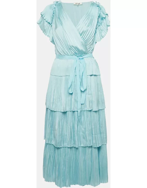 Diane Von Furstenberg Blue Satin Plisse Tiered Wrap Dress