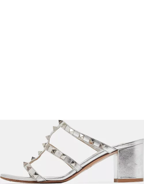 Valentino Silver Leather Rockstud Slide Sandal