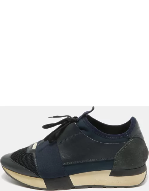 Balenciaga Navy Blue Leather and Mesh Race Runner Sneaker
