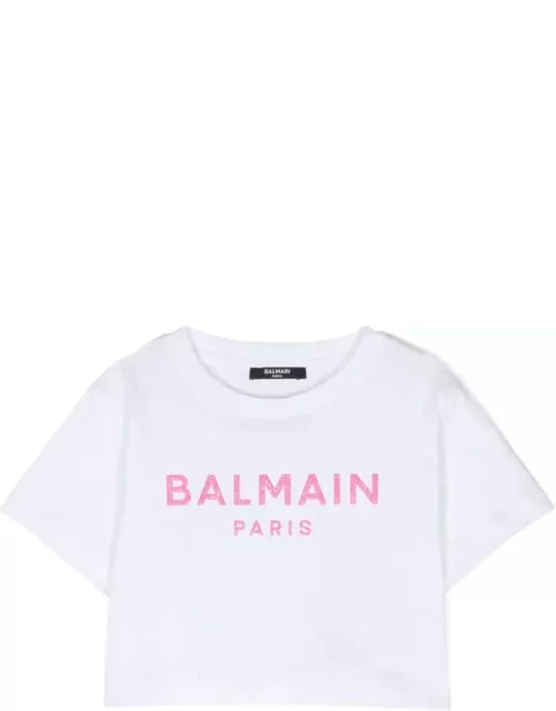 Balmain Crop T-shirt With Pink Glitter Logo