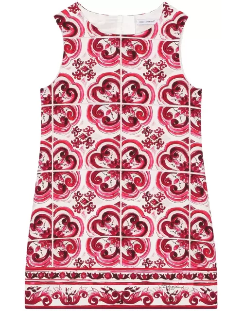 Dolce & Gabbana Short Dress In Cady With Fuchsia Majolica Print