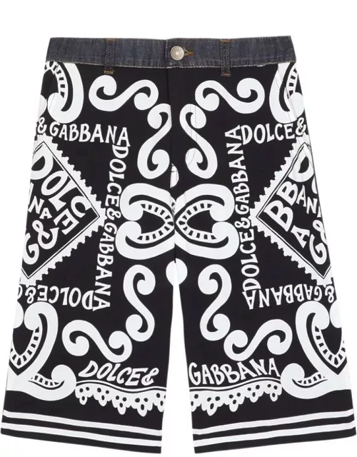 Dolce & Gabbana Denim And Javanese Bermuda Shorts With Marina Print