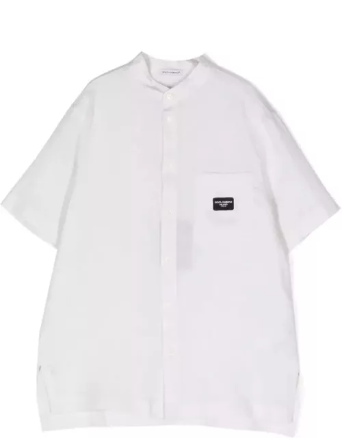 Dolce & Gabbana White Linen Shirt With Logo Plaque