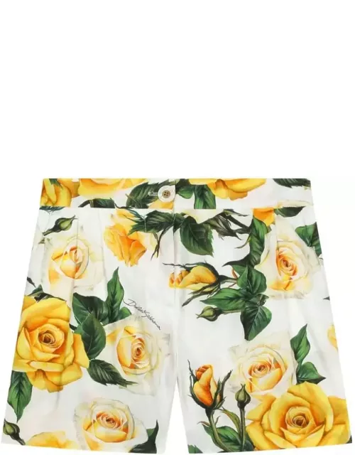 Dolce & Gabbana White Shorts With Yellow Rose Print