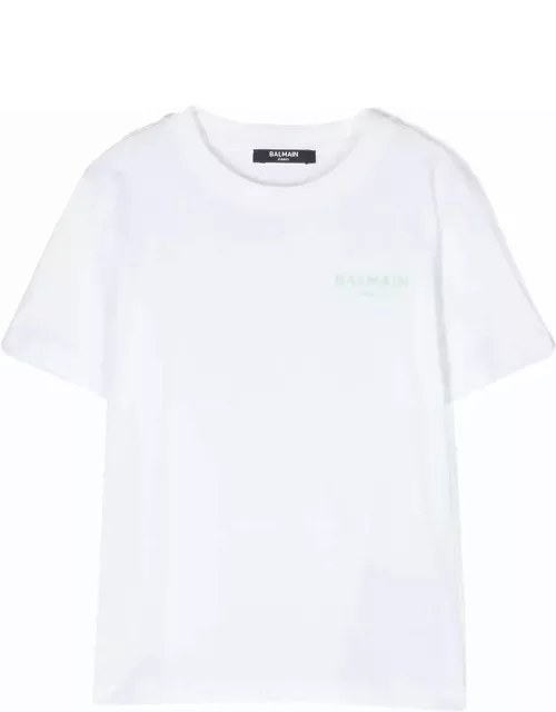 Balmain White T-shirt With Light Green Logo On Chest