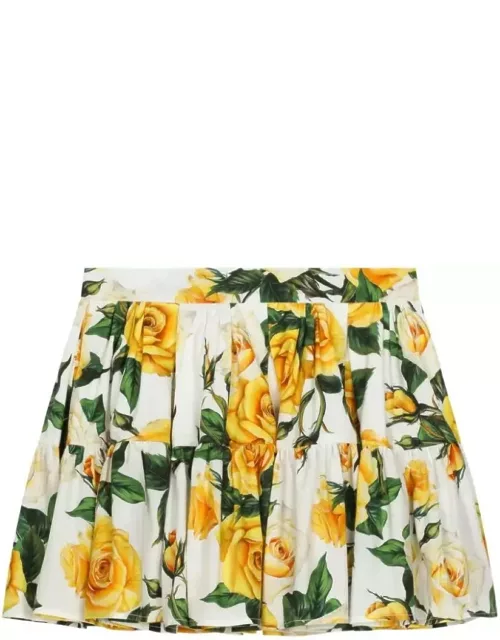 Dolce & Gabbana Yellow Rose Print Poplin Full Skirt