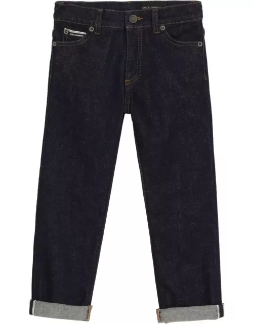 Dolce & Gabbana Blue 5 Pocket Stretch Denim Jeans With Logo Plaque