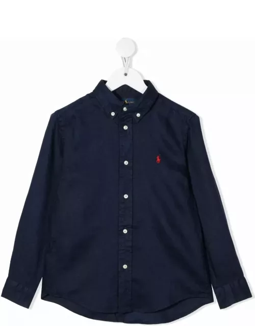 Ralph Lauren Navy Blue Linen Shirt With Embroidered Pony