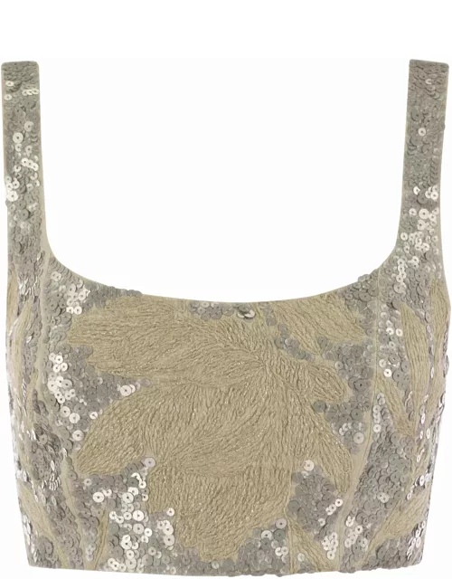 Brunello Cucinelli Light Linen Crop Top With Embroidery