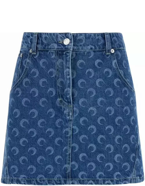 Marine Serre Blue Mini Skirt With crescenti Moon Print In Denim Woman
