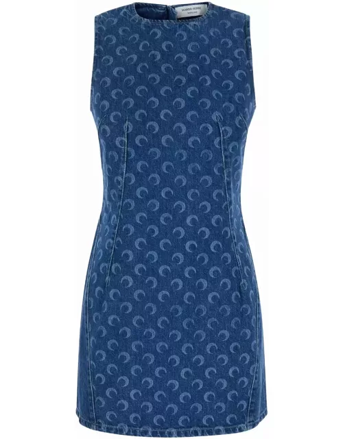 Marine Serre Blue Mini Dress With crescent Moon Print In Denim Woman