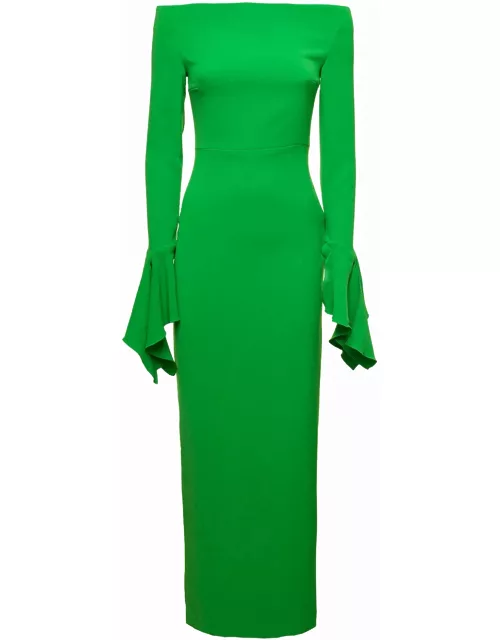 Solace London amalie Maxi Green Dress With Straight Neckline And Volant Detail In Polyester Woman