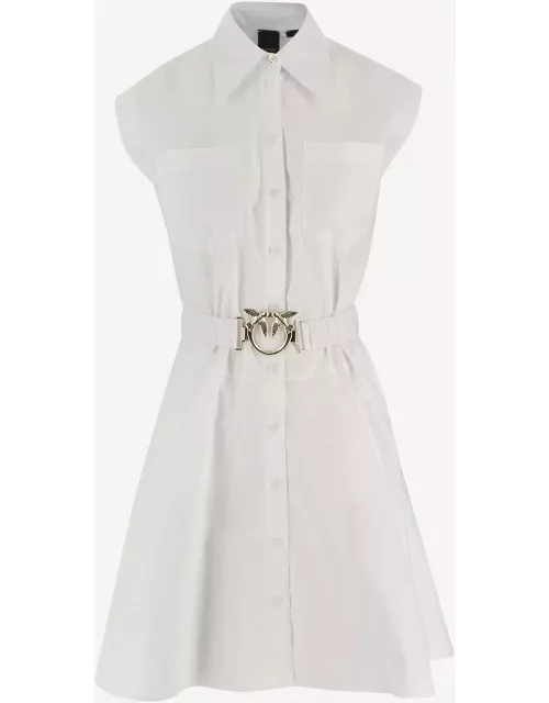 Pinko White Popeline Mini-dress With Love-bird Belt In Cotton Woman