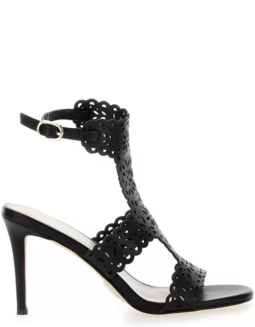TwinSet Black High Sandals With Lace-motif In Leather Woman