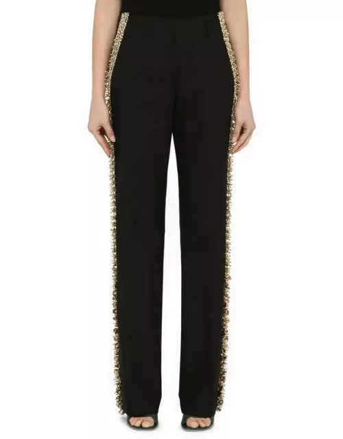 Black wool trousers with sequin embroidery