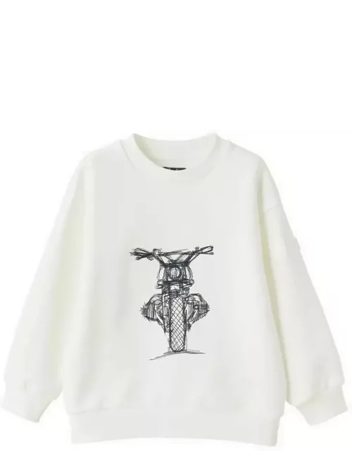Milk-white cotton crew-neck sweatshirt with motorbike embroidery