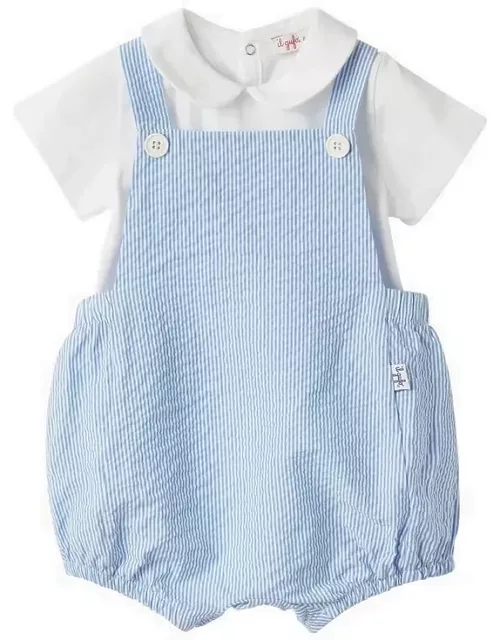 Two-piece suit with white/blue cotton dungaree