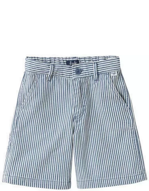 White/blue striped cotton and linen bermuda short