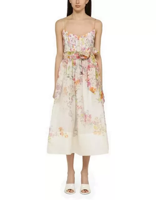 Linen and silk floral print corset midi dres