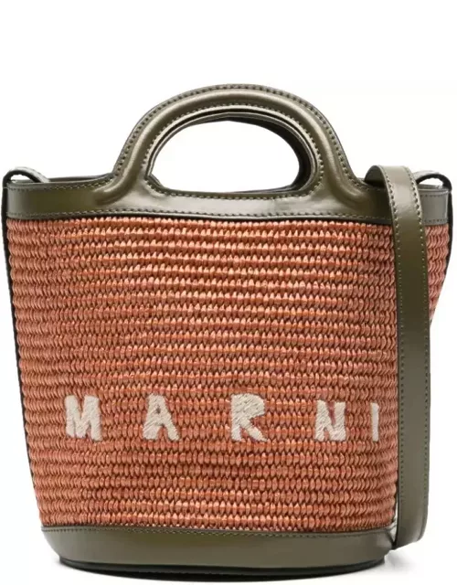 Marni Tropicalia Mini Bag In Brown Leather And Orange Raffia