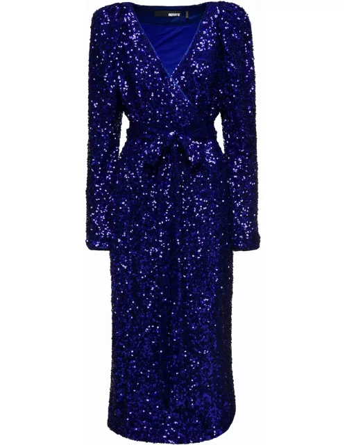 Rotate by Birger Christensen Long Blue Wrap Dress With All-over Sequins In Stretch Polyester Woman Rotate