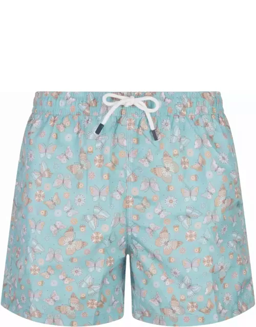 Fedeli Light Blue Swim Shorts With Butterfly Print