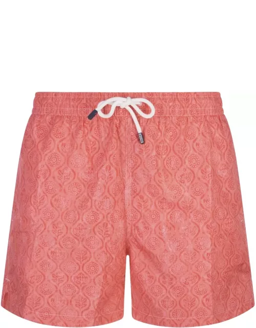 Fedeli Red Swim Shorts With Flower And Leaf Pattern