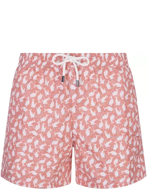 Fedeli Red Swim Shorts With Seal Pattern