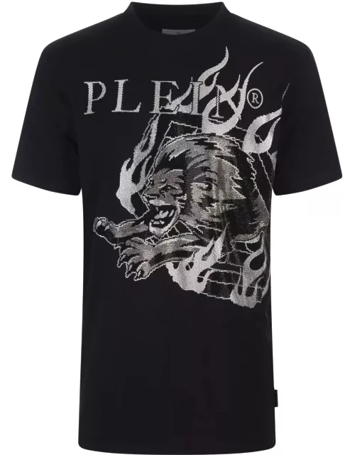 Philipp Plein Black T-shirt With Crystal Lion Circu