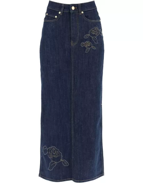 GANNI maxi denim skirt with pink embroidery