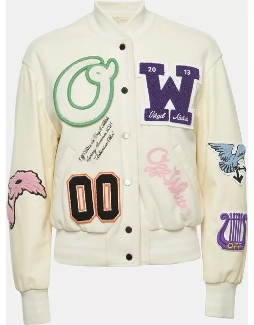 Off-White Cream Wool Embroidered Patch Detail Bomber Jacket