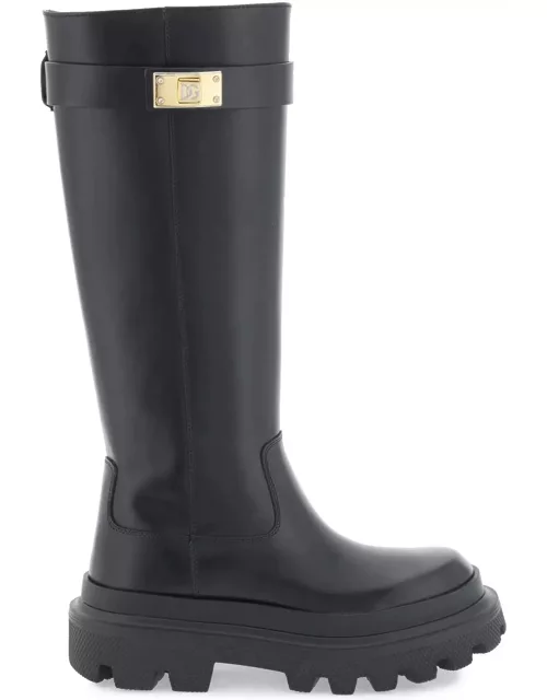 Dolce & Gabbana Leather Boots With Logoed Plaquee