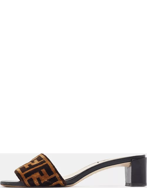 Fendi Brown/Black FF Velvet and Leather Slide Sandal