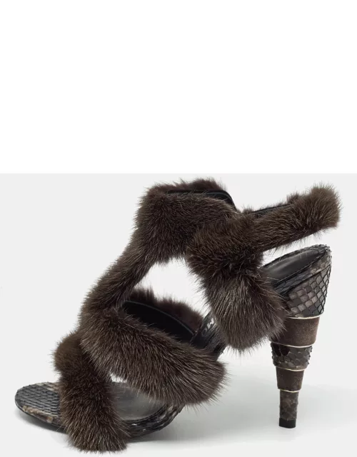 Salvatore Ferragamo Brown Mink Fur and Python Leather Larix Sandal