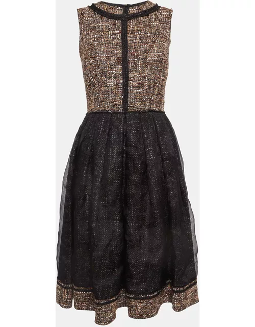 D & G Black and Brown Tweed Silk Overlay Flared Midi Dress