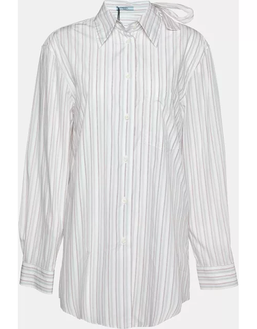 Prada White Striped Cotton Tie Neck Button Front Shirt
