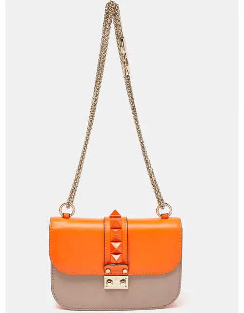 Valentino Orange/Beige Leather Small Rockstud Glam Lock Flap Bag