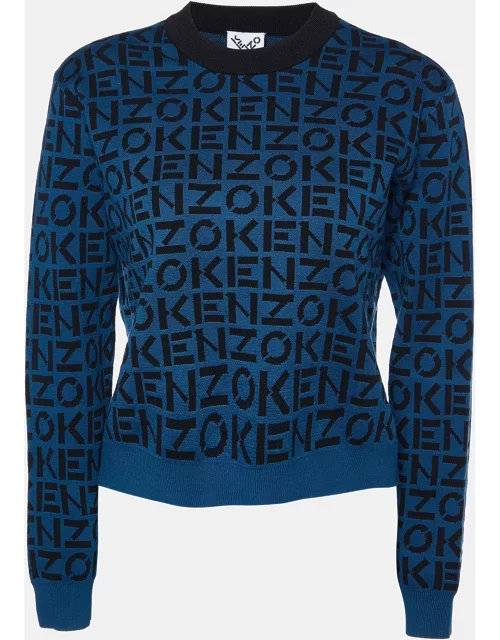 Kenzo Blue/Black All Over Logo Knit Cropped Jumper