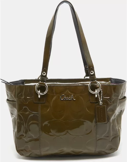 Coach Olive Green Op Art Embossed Patent Leather East West Gallery Tote