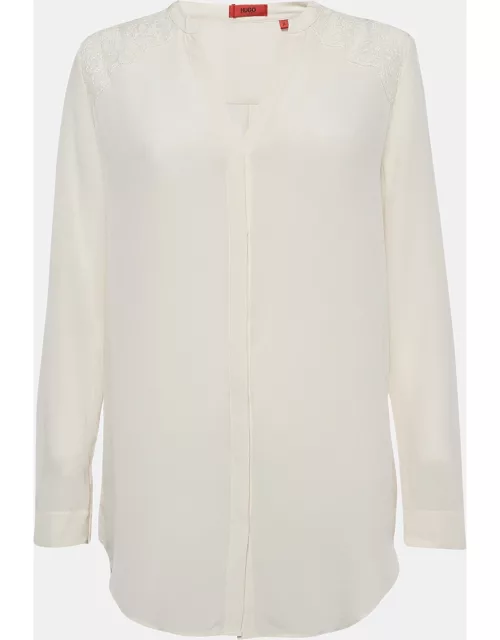 Hugo Boss Off White Lace Trim Silk Long Sleeve Shirt