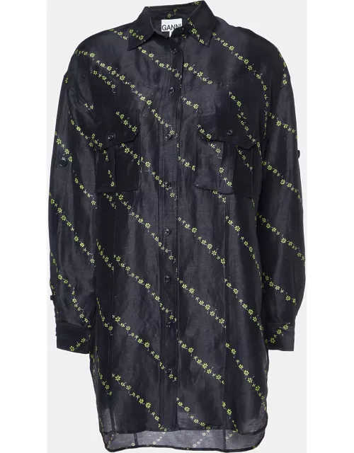 Ganni Black Floral Print Linen & Silk Button Front Shirt