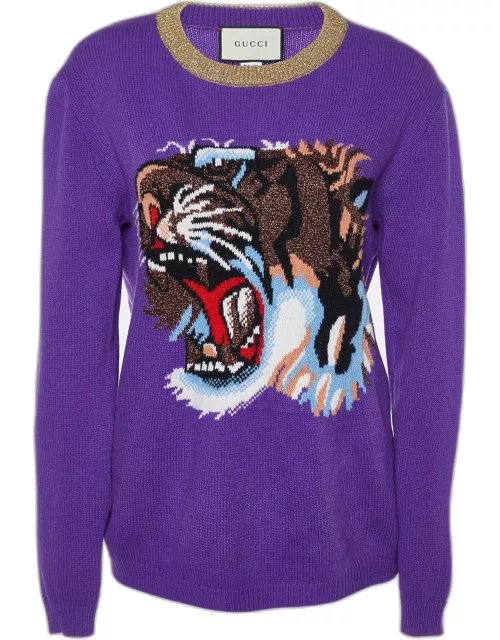 Gucci Purple Tiger Intarsia Knit Long Sleeve Sweater