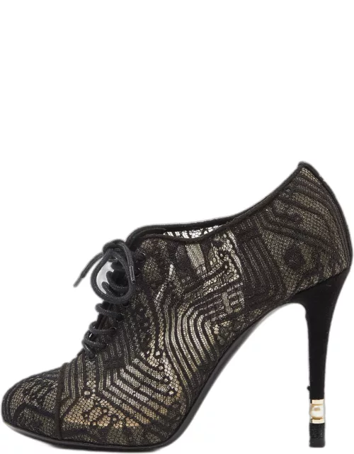 Chanel Black Lace and Suede Lace Up Ankle Bootie