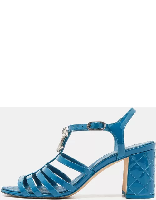 Chanel Blue Patent Leather CC Block Heel Strappy Sandal