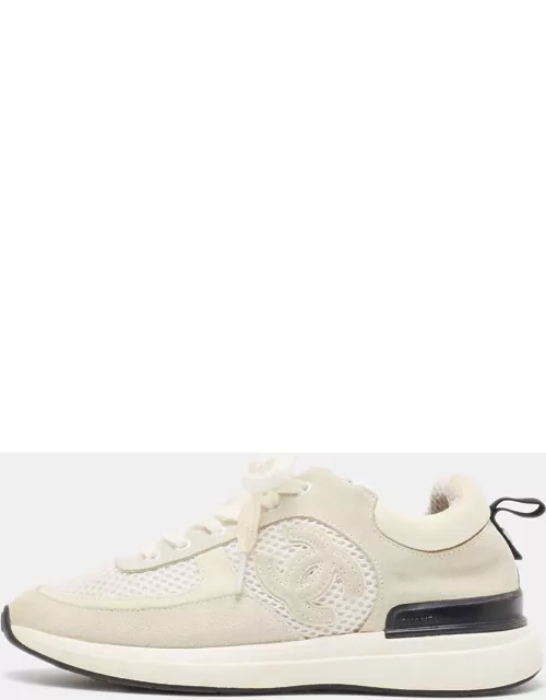 Chanel White/Grey Mesh and Suede CC Low Top Sneaker