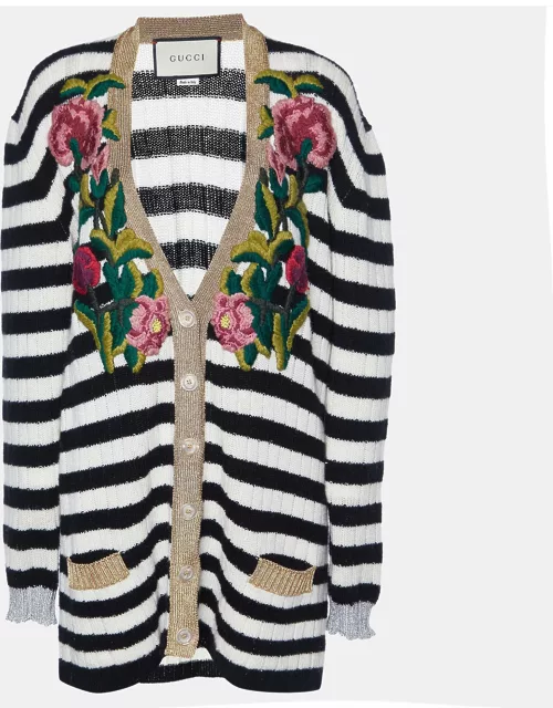 Gucci Monochrome Striped Cashmere & Wool Knit Embroidered Cardigan